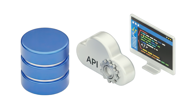 Database Connected to Cloud API with Cogwheel and Computer Showing Code on Transparent Background - Powered by Adobe