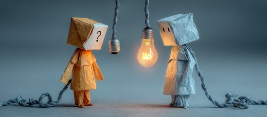 Two paper figures with lightbulbs, symbolizing ideas and questions