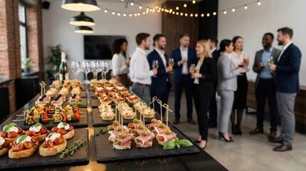 Corporate networking event with business people and canapés, office catering