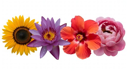 A vibrant collection of four diverse flowers on a white background
