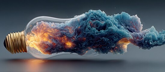 A lightbulb holds a swirling cloud-like formation of fire and blue