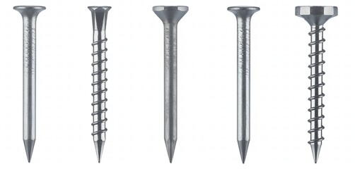 Assortment of metal nails and screws on a white background