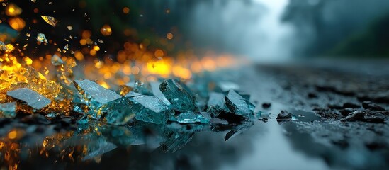 Glass breaks, sparking across road, misty forest in background