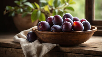 Ripe plums in a wooden bowl in a rustic kitchen