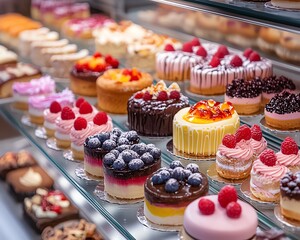 Colorful display of small cakes and desserts on glass shelves at a patisserie counter, variety of tempting pastries and sugary treats, perfect for enticing bakery customers