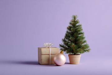 Minimal triangular arrangement of festive elements on lavender backdrop.