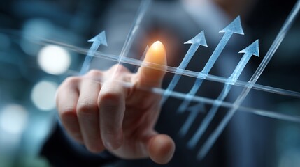 Conceptual image of a hand interacting with a digital interface showing glowing arrows pointing upwards, symbolizing business growth and technological advancement in a modern setting.