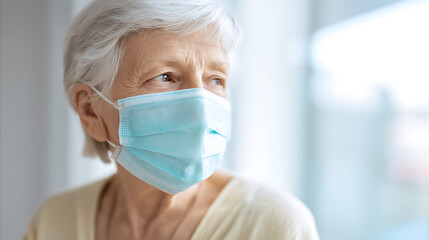 A thoughtful, grey-haired woman wearing a blue medical mask peers out the window, her gaze filled with a mix of hope and concern amidst the current global health crisis.