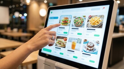 Hand using self service touchscreen kiosk to order food in modern restaurant
