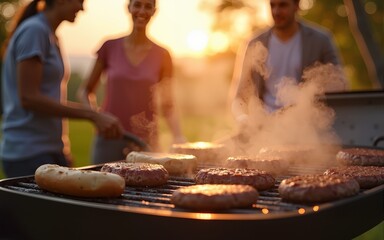 A family grilling burgers and hot dogs on a BBQ during a sunny day with sizzling food and warm light. Generative AI. High quality. High quality
