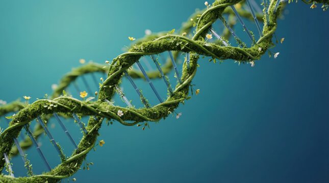 Green plant DNA double helix on blue background, eco genetics biotechnology