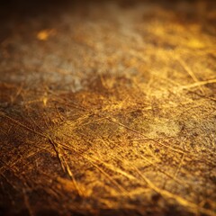 Close-up of a gold grunge texture on a weathered metal surface with warm amber highlights
