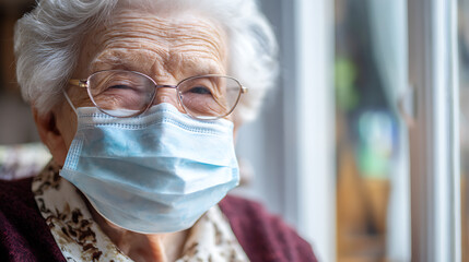 An elderly person with white hair wearing a protective face mask and glasses. Wrinkled skin, serene expression, window nearby, safety first, healthcare, concern and love.