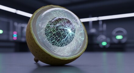 Surreal fruit with intricate network, highlighting technological fusion concept
