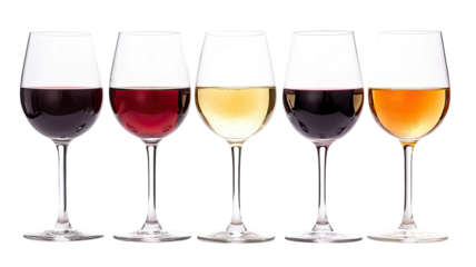 Five elegant wine glasses filled with red white and rose drinks for bar restaurant and celebration concept isolated on white background