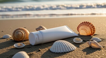 Sunscreen on the Beach with Seashells, protection for summer days on vacation