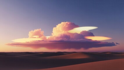 Spectacular sunset over vast desert landscape with dramatic cloud formations casting colorful hues across the sky and sand dunes creating a serene and tranquil scene