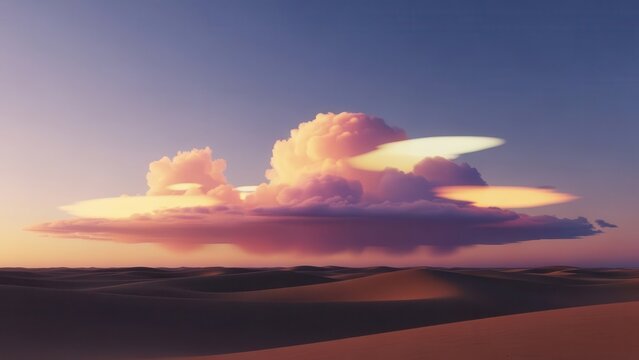 Spectacular sunset over vast desert landscape with dramatic cloud formations casting colorful hues across the sky and sand dunes creating a serene and tranquil scene - Powered by Adobe