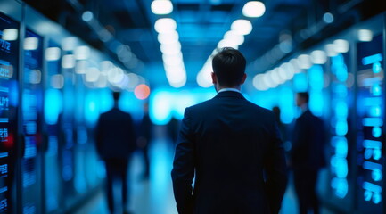 A businessman stands with his back to the data center.
