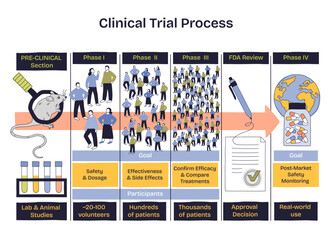 Clinical trial process brief shows phased timeline from preclinical to Phase IV, highlighting participants, approval checklist, and arrowed flow to market use. Doodle style diagram