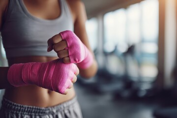 Close-up of a woman wrapping her hands with pink boxing wraps in a sunlit gym