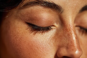Fototapeta premium Close-up of a woman's eyes closed with natural makeup and soft lighting