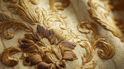 Close-up of antique damask pattern in warm gold and cream tones on textile