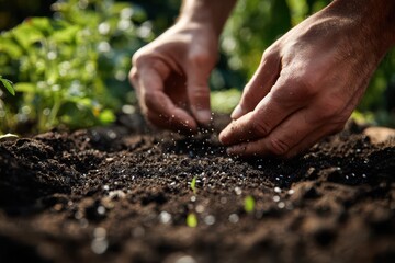Close-up of bare hands planting grass seeds in dark soil for a healthy lawn