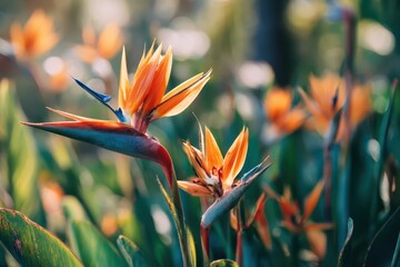 Obraz premium Close-up of Bird of Paradise flowers amid lush greenery and natural light