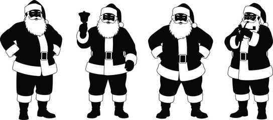 Santa Claus silhouette collection, festive pose, holiday character, Christmas icon, traditional outfit, cad drawing flat vector illustration, black shapes, seasonal design