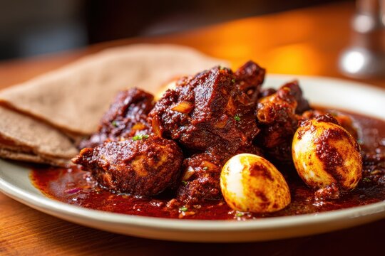 Close-up of Ethiopian doro wat: chicken stew with eggs on a plate in rich red berbere sauce