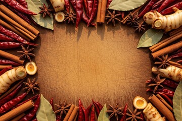 Top view flat lay frame of dried red chili peppers, cinnamon sticks, star anise and galangal on rustic wooden cutting board background with copy space. Spicy asian food ingredients for culinary