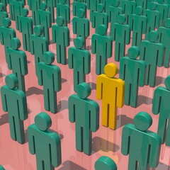 A single yellow figure stands out amongst a crowd of green figures