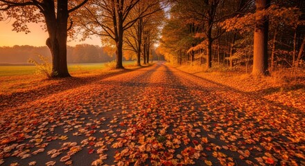 Tranquil autumnal road adorned with fallen leaves in warm sunset light