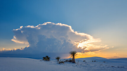 Dramatic sunset over white sand dunes with a large cloud formation casting shadows and creating a scenic desert landscape. Desert flora completes the scenery.