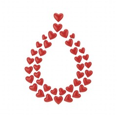 A teardrop shape formed by a cascade of red hearts on a white background