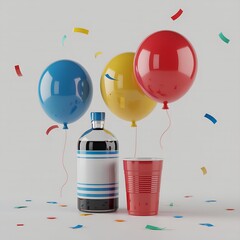 Festive Celebration with Balloons, Bottle, and Red Cup with Confetti