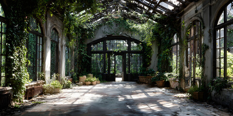 Abandoned Urban exploration Vibe theme. Abandoned greenhouse filled with vines and natural light.