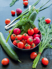 Bowl of fresh red cherry tomatoes, herbs, cucumber and radish on table background, close up vegetables in bowl covered with water drops.