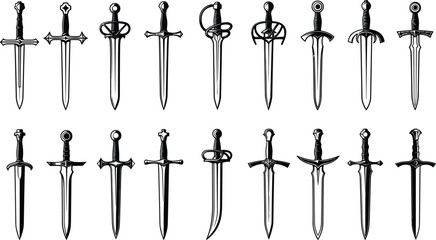 Sword silhouette collection, blade design, hilt style, fantasy weapon, medieval arms, combat icon, cad drawing flat vector illustration, black shapes, historical gear
