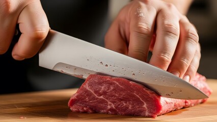A close up view of a butcher skillfully slicing a fresh piece of raw beef on a wooden cutting board.