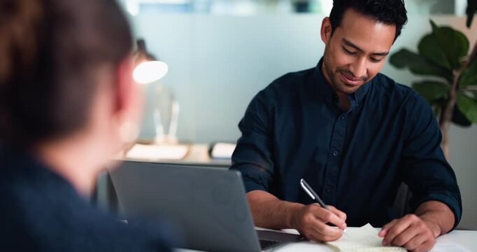Happy, HR and man with candidate, writing and hiring process for vacancy, conversation or interview. Onboarding, discussion and recruiter with notes for job opportunity, smile and talk with applicant