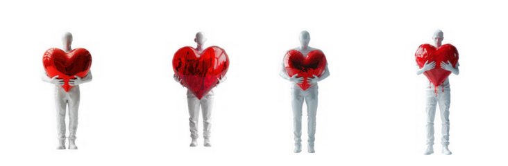 Four individuals holding large red hearts in front of them isolated on transparent background
