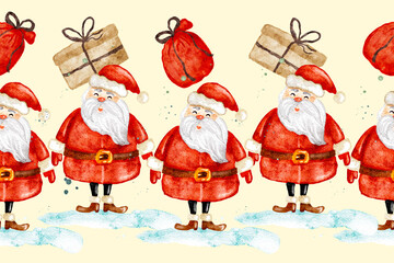 Santa claus and gift sacks repeating holiday pattern, seamless border, ribbons design.
