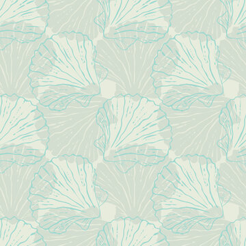 Seabed pattern with Sea shell Pectinidae scallop. Seaside recreation, diving. In pastel colors.