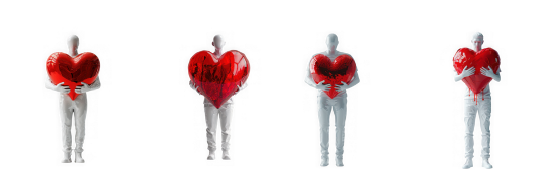 Four individuals holding large red hearts in front of them isolated on transparent background - Powered by Adobe