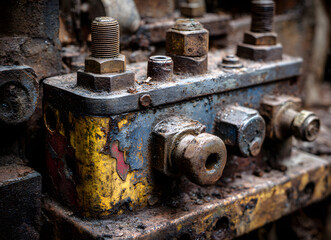 Abandoned Urban exploration Vibe theme. Rusty industrial valve with bolts and textured surface.