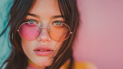 Fototapeta premium A vibrant portrait with pink glasses reveals soft freckles, natural features, gentle lighting, and a contrasting two-tone colorful background.