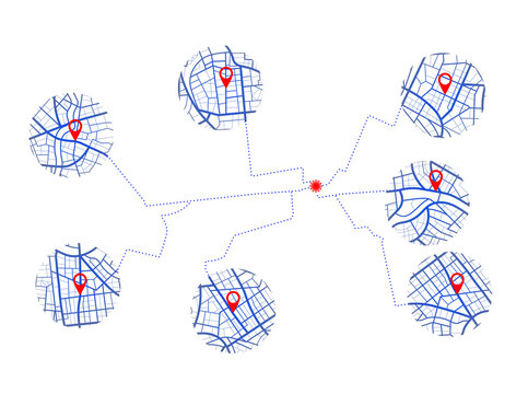 Network of Navigation: An interconnected network of map snippets, highlighting key points and navigation routes, symbolizes connectivity and travel.