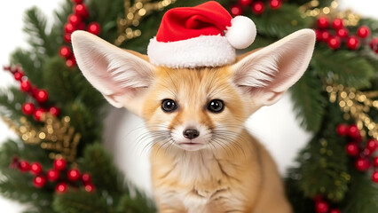 Adorable fennec fox wearing a tiny santa hat poses sweetly in front of a festive holiday wreath background